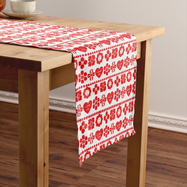 Red floral and heart pattern for Valentine's Day Short Table Runner (In Situ)