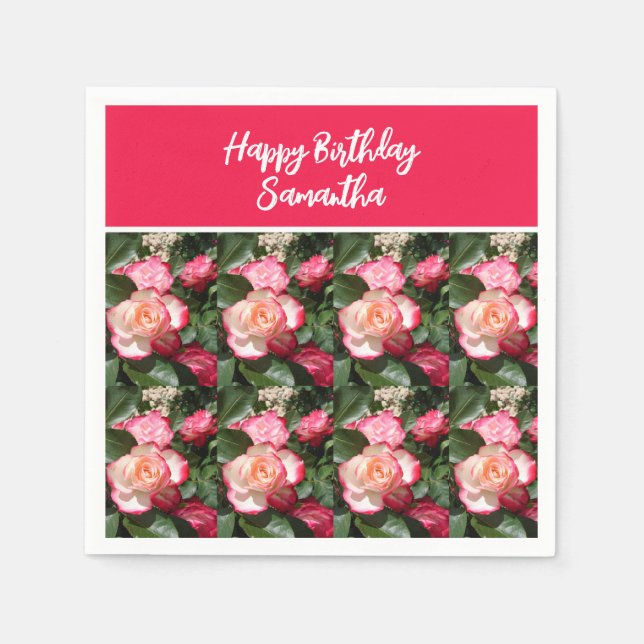 Red Floral and White Roses Rose Birthday Party Napkin (Front)