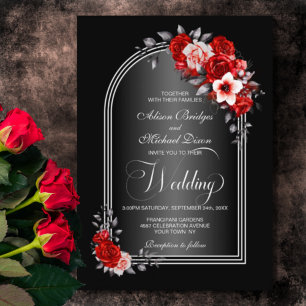 Red Floral Arch Black Grey Wedding Invitation
