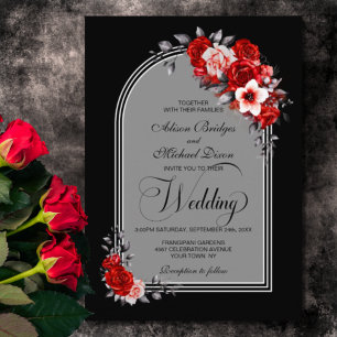 Red Floral Arch Black Silver Wedding Invitation