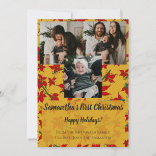 Red floral baby's 1st Christmas 3 photo name gold Invitation