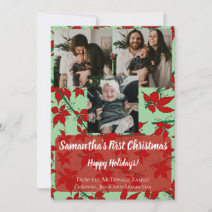 Red floral baby's 1st Christmas 3 photo name green Invitation