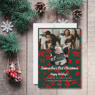 Red floral baby's 1st Christmas 3 photo name green Invitation