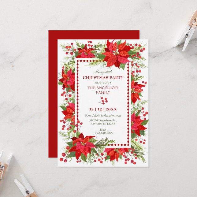 Red floral berry christmas party invitation (Front/Back In Situ)