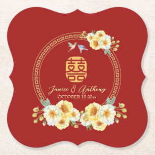 Red floral bird Chinese wedding Paper Coaster