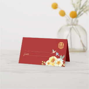 Red floral bird Chinese wedding Place Card