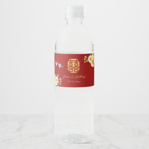 Red floral bird Chinese wedding Water Bottle Label