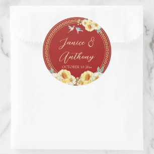 Red floral birds Chinese wedding  Classic Round Sticker
