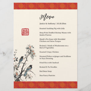 Red floral birds modern Chinese wedding banquet Menu