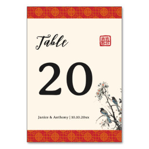 Red floral birds modern Chinese wedding banquet Table Number