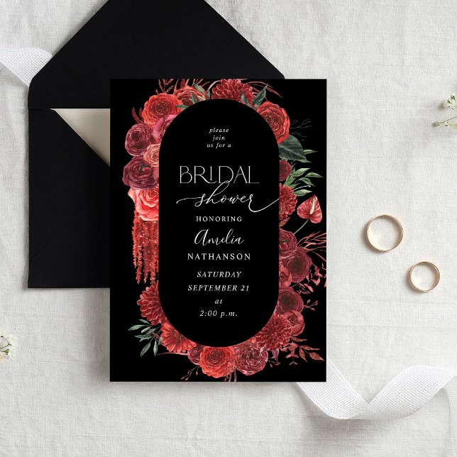 Red Floral Black Bridal Shower Invitation (Creator Uploaded)