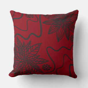 RED FLORAL BLACK DESIGN Retro Throw Pillow