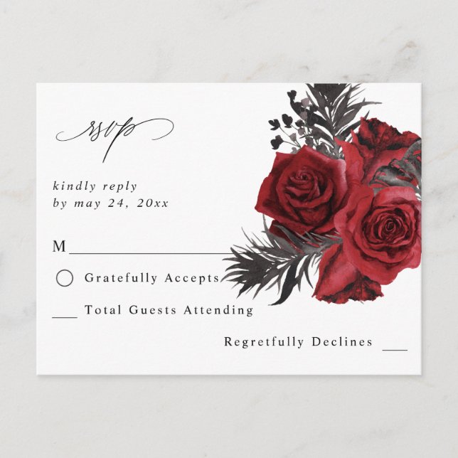 Red Floral & Black no Meal RSVP V2 Postcard (Front)