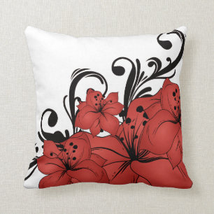 Red Floral Black Scrolls Cushion