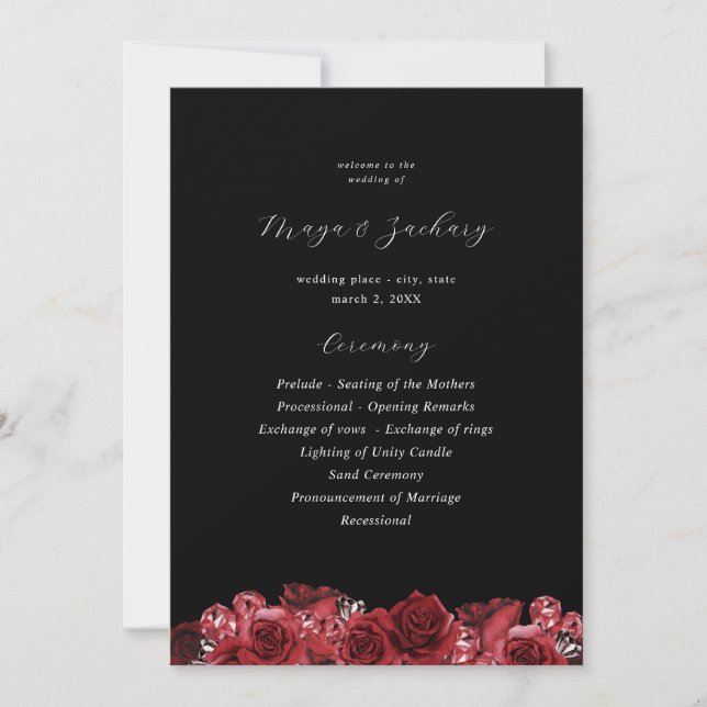 Red Floral & Black Wedding Ceremony Program -Black (Front)
