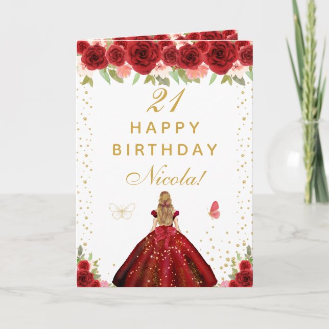 Red Floral Blonde Hair Girl Birthday Card (Front)