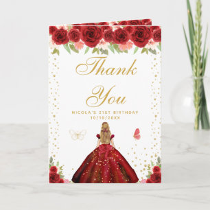 Red Floral Blonde Hair Girl Birthday Thank You Card