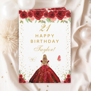 Red Floral Blonde Hair Girl Happy Birthday Card