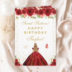 Red Floral Blonde Hair Girl Sweet Sixteen Card