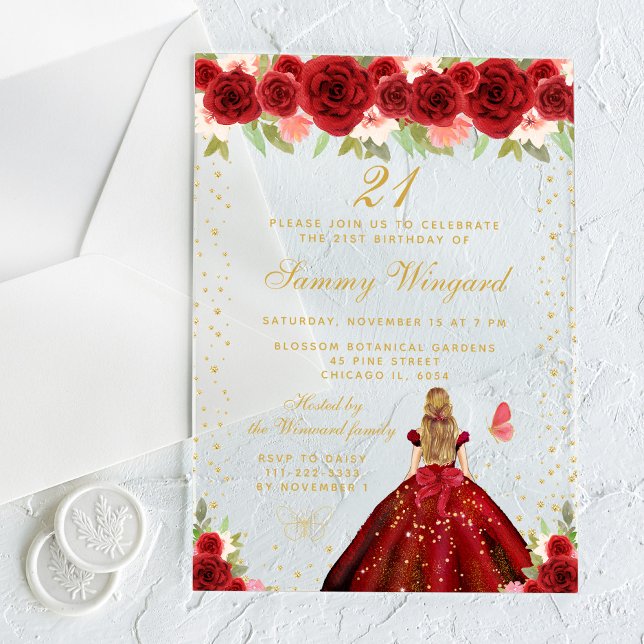 Red Floral Blonde Hair Princess Birthday Party Acrylic Invitations (Creator Uploaded)
