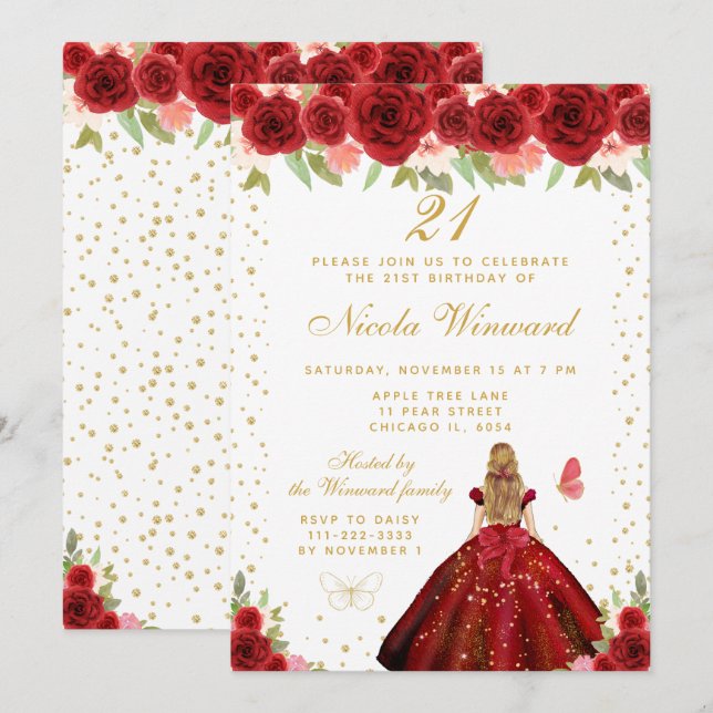 Red Floral Blonde Hair Princess Birthday Party Invitation (Front/Back)