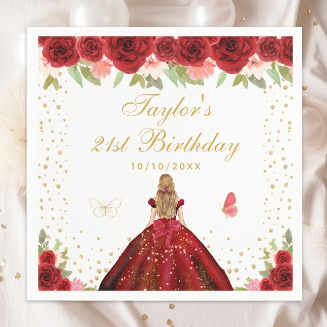 Red Floral Blonde Hair Princess Birthday Party Napkin (Creator Uploaded)