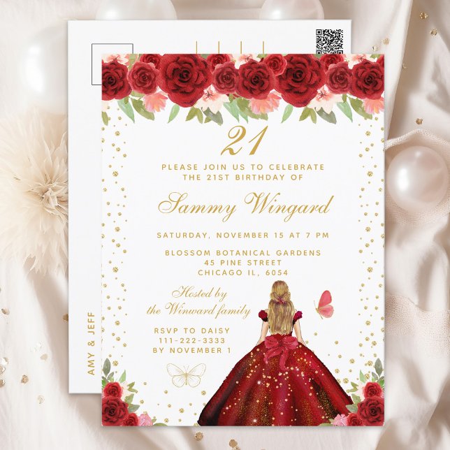 Red Floral Blonde Hair Princess Birthday Party Postcard (Creator Uploaded)