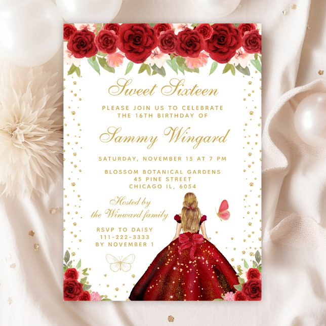Red Floral Blonde Hair Princess Sweet Sixteen Invitation (Creator Uploaded)