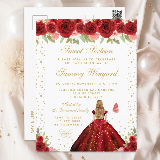 Red Floral Blonde Hair Princess Sweet Sixteen Postcard (Creator Uploaded)