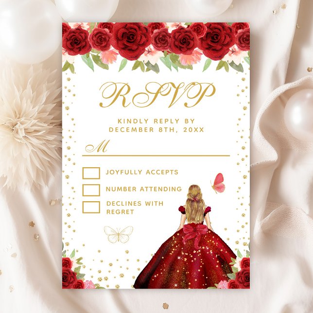 Red Floral Blonde Hair Princess Sweet Sixteen RSVP Card (Creator Uploaded)