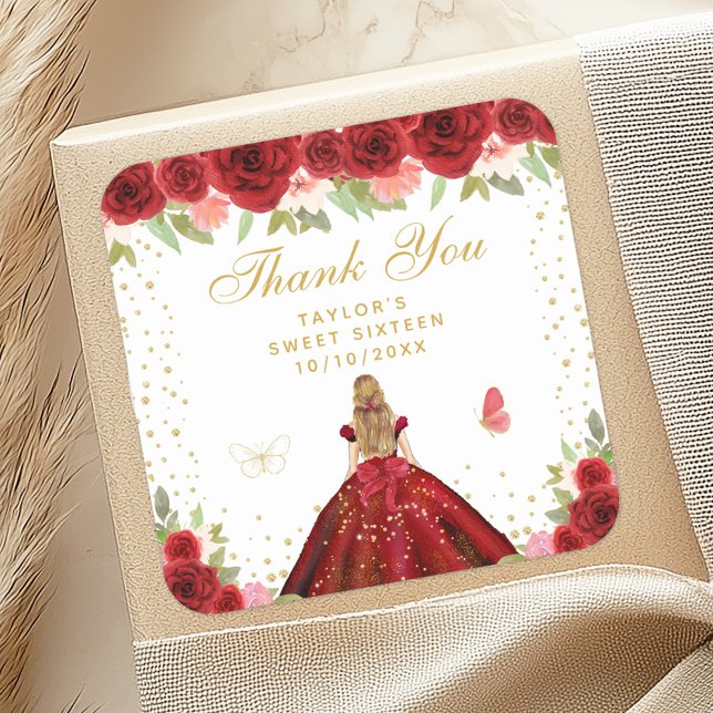 Red Floral Blonde Hair Princess Sweet Sixteen Square Sticker (Creator Uploaded)