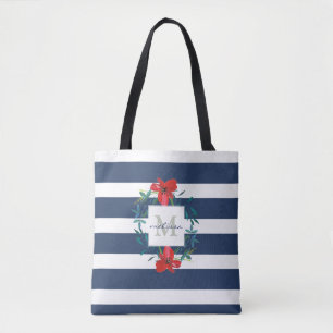 Red Floral Blue & White Stripes Monogram Tote Bag