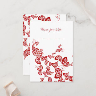 Red Floral Boho Peacock Eastern Chic Asian Wedding Place Card