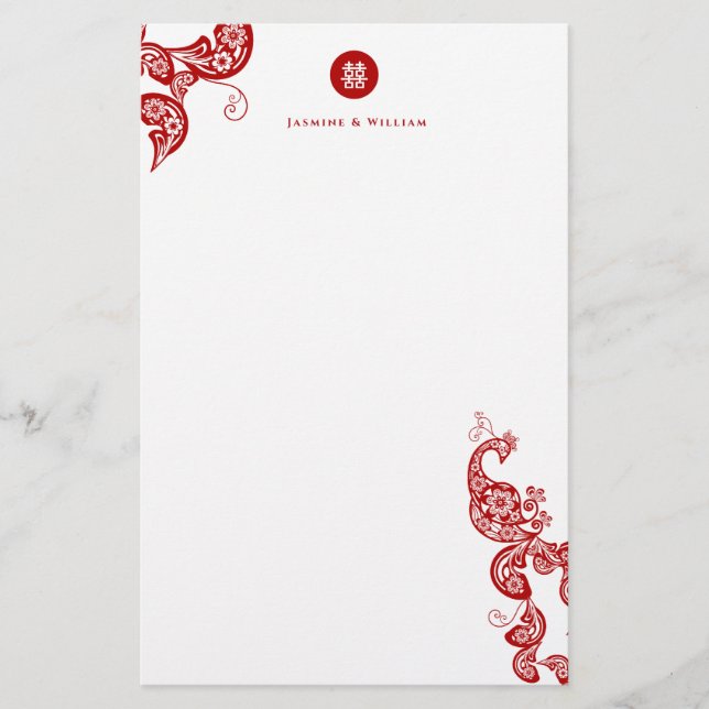 Red Floral Boho Peacock Eastern Chic Asian Wedding Stationery (Front)