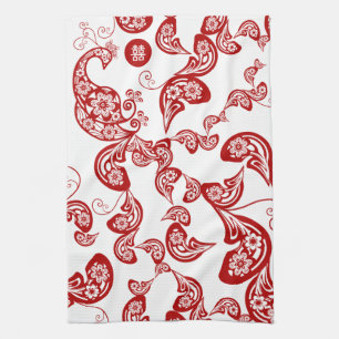 Red Floral Boho Peacock Elegant Eastern Chic Asian Tea Towel