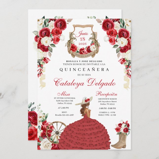 Red Floral Boots Western Mariachi Quinceañera Invitation (Front/Back)