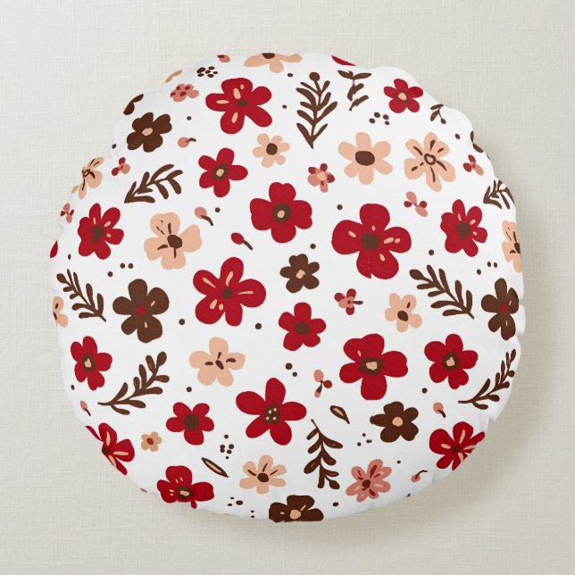 Red Floral Botanical Pattern Round Cushion (Front)