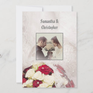 Red floral bouquet wedding photo invitation