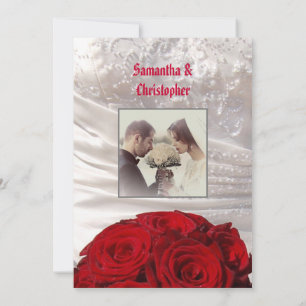 Red floral bouquet wedding photo invitation