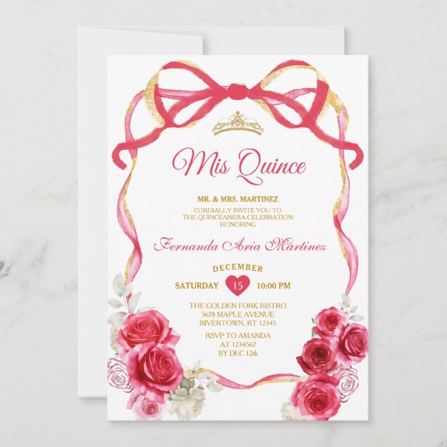 Red Floral Bow Ribbon Gold Crown Girl Mis Quince Invitation (Front)