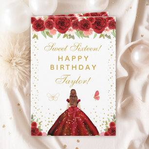 Red Floral Brown Hair Girl Sweet Sixteen Card