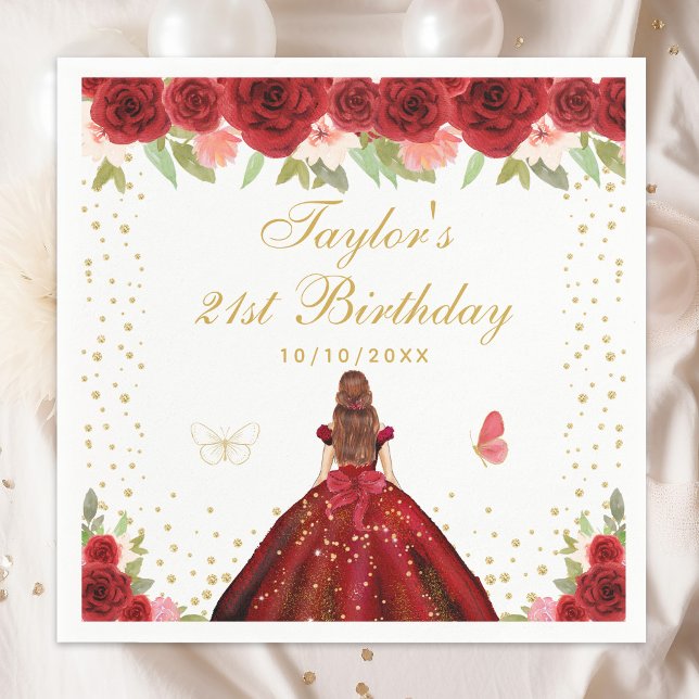 Red Floral Brown Hair Princess Birthday Party Napkin (Creator Uploaded)