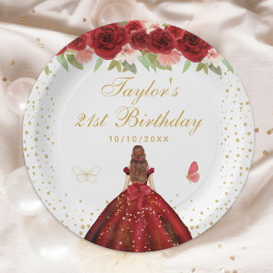 Red Floral Brown Hair Princess Birthday Party Paper Plate