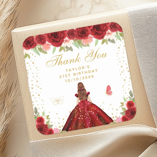 Red Floral Brown Hair Princess Birthday Party Square Sticker (Creator Uploaded)