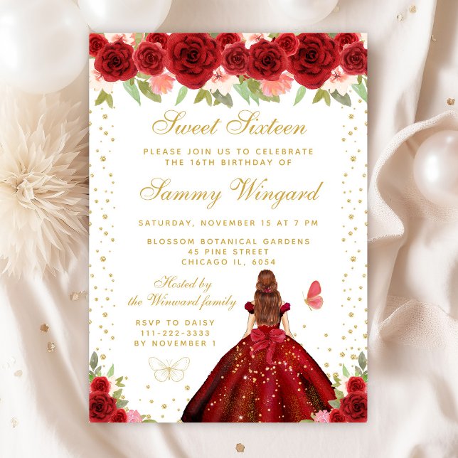 Red Floral Brown Hair Princess Sweet Sixteen Invitation (Creator Uploaded)