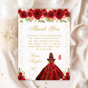 Red Floral Brown Hair Princess Sweet Sixteen Thank You Card