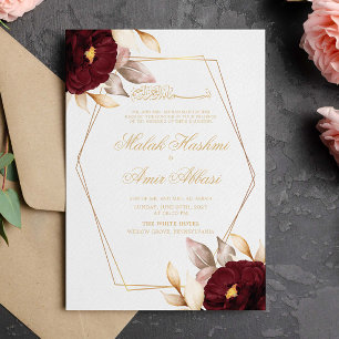 Red Floral Brown Leaves Muslim Wedding Invitation