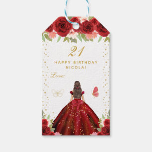 Red Floral Brunette Hair Girl Happy Birthday Gift Tags
