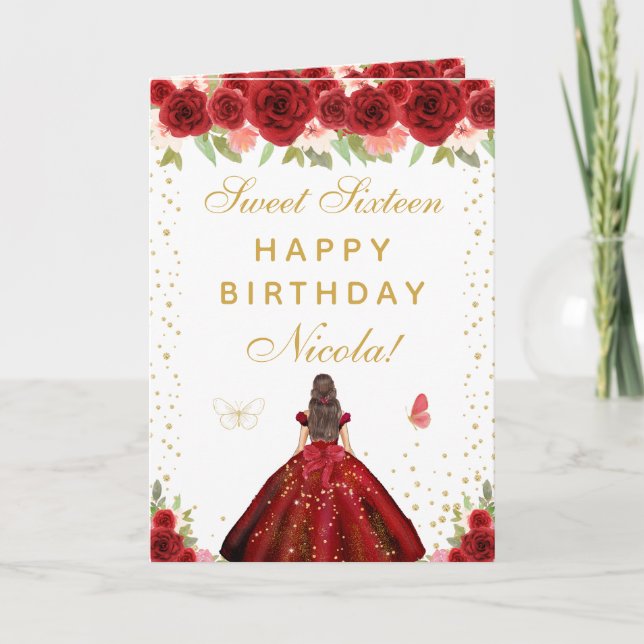 Red Floral Brunette Hair Girl Sweet Sixteen Card (Front)