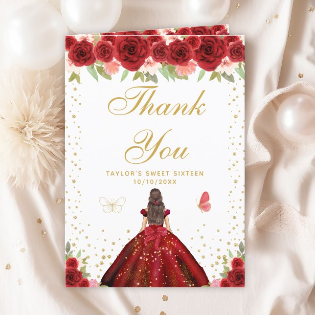 Red Floral Brunette Hair Girl Sweet Sixteen Thank You Card (Creator Uploaded)
